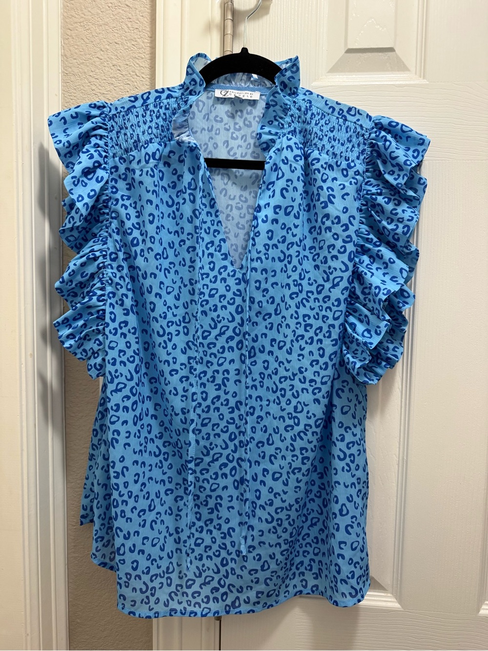 Bright Blue Leopard Print Ruffle Sleeve Blouse, NWOT